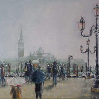 Painting titled "Venise sous la pluie" by Jean-Marc Moisy, Original Artwork, Oil Mounted on Wood Stretcher frame