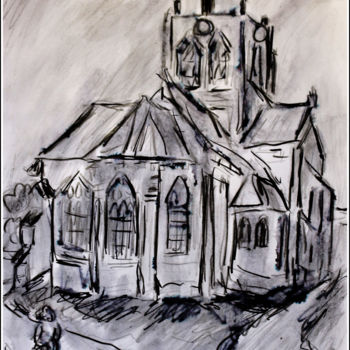 Peinture intitulée "L'EGLISE DE VAN GOGH" par Jean Mirre, Œuvre d'art originale, Encre