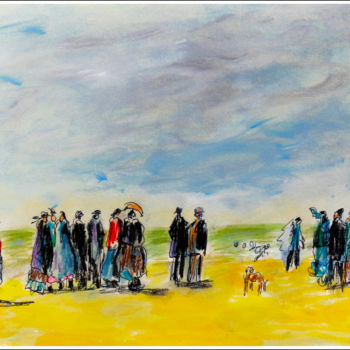 Pintura intitulada ""La plage à Trouvil…" por Jean Mirre, Obras de arte originais, Óleo