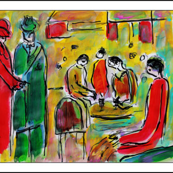 Peinture intitulée "Terrasse de café d'…" par Jean Mirre, Œuvre d'art originale, Huile