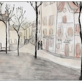 Peinture intitulée "Place de village,Fr…" par Jean Mirre, Œuvre d'art originale, Encre