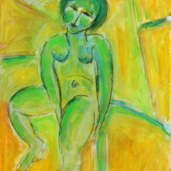 Painting titled "Nu vert et jaune" by Jean Mirre, Original Artwork, Oil