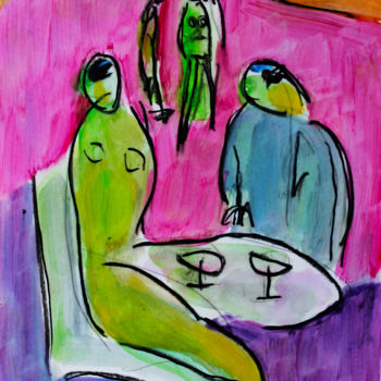 Schilderij getiteld "Café tapageur" door Jean Mirre, Origineel Kunstwerk, Inkt