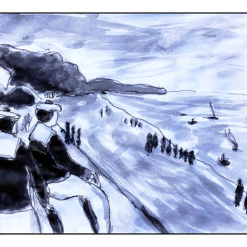 Peinture intitulée ""La plage de Fécamp…" par Jean Mirre, Œuvre d'art originale, Encre