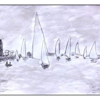 Painting titled ""Monet: Les barques…" by Jean Mirre, Original Artwork, Ink