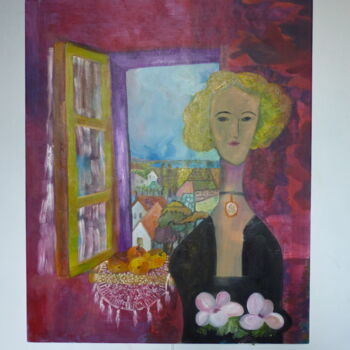 Pintura titulada "Femme au bouquet" por Jeanne Gabriel, Obra de arte original, Oleo