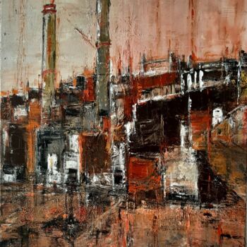 Painting titled "Usine Rougeoyante" by Jeanne-Marie Delbarre, Original Artwork, Acrylic Mounted on Wood Stretcher frame