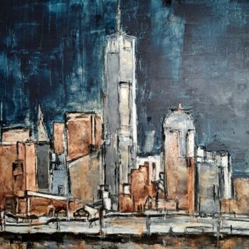 Painting titled "Manhattan le soir" by Jeanne-Marie Delbarre, Original Artwork, Oil Mounted on Wood Stretcher frame