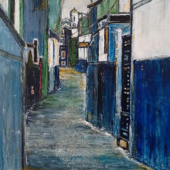 Painting titled "Essaouira Ville Ble…" by Jeanne-Marie Delbarre, Original Artwork, Oil Mounted on Wood Stretcher frame