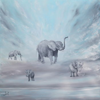 "CIEL des. ELEPHANTS" başlıklı Tablo Christian Jeannet tarafından, Orijinal sanat, Petrol Ahşap Sedye çerçevesi üzerine mont…