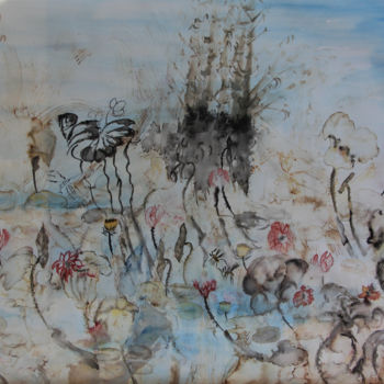 Peinture intitulée "ETANG et LOTUS" par Jeannette Allary, Œuvre d'art originale, Encre