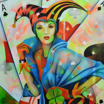 Painting titled "Joker" by Jeannette Guichard-Bunel, Original Artwork, Oil Mounted on Wood Stretcher frame