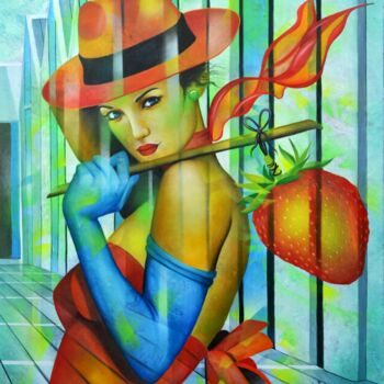 Painting titled "Ramène ta fraise..." by Jeannette Guichard-Bunel, Original Artwork, Oil Mounted on Wood Stretcher frame