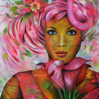 「Pink Lady」というタイトルの絵画 Jeannette Guichard-Bunelによって, オリジナルのアートワーク, オイル ウッドストレッチャーフレームにマウント