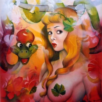 Peinture intitulée "croque la pomme" par Jeannette Guichard-Bunel, Œuvre d'art originale, Huile Monté sur Châssis en bois