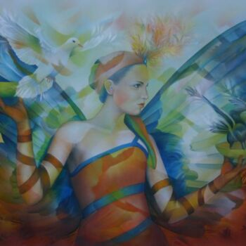 Peinture intitulée "la pesée des anges" par Jeannette Guichard-Bunel, Œuvre d'art originale, Huile