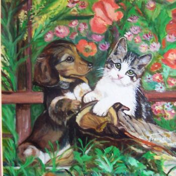 Peinture intitulée "Regards de chien et…" par Françoise Collin, Œuvre d'art originale, Huile