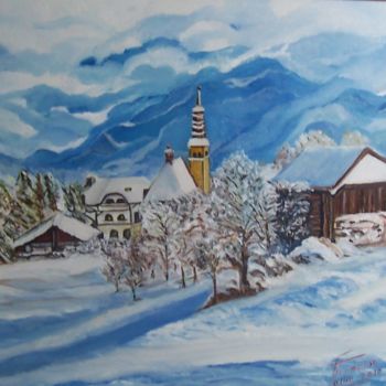 Pintura titulada "Eglise sous la neige" por Françoise Collin, Obra de arte original, Oleo