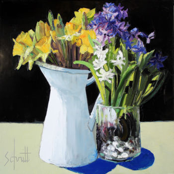 Painting titled "JONQUILLES ET JACIN…" by Jean-Paul Schmitt, Original Artwork, Oil Mounted on Wood Stretcher frame