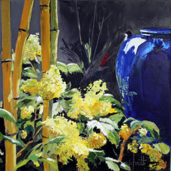 Painting titled "MAHONIA ET BAMBOUS" by Jean-Paul Schmitt, Original Artwork, Oil Mounted on Wood Stretcher frame