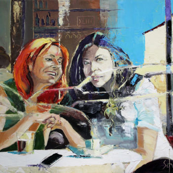 Painting titled "CAFÉ XLIII (À trave…" by Jean-Paul Schmitt, Original Artwork, Oil Mounted on Wood Stretcher frame