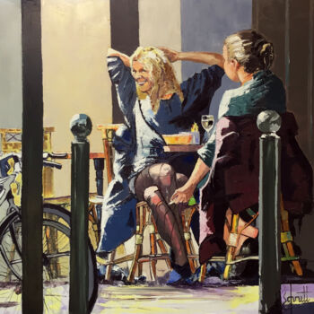 Pintura titulada "CAFÉ LVI (Deux femm…" por Jean-Paul Schmitt, Obra de arte original, Oleo Montado en Bastidor de camilla de…