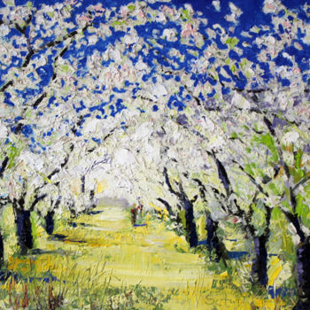 Картина под названием "Cerisiers en fleurs" - Jean-Paul Schmitt, Подлинное произведение искусства, Масло Установлен на Дерев…