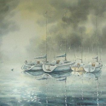 Pintura intitulada "Brume sur le port" por Jean Pierre Gamard, Obras de arte originais