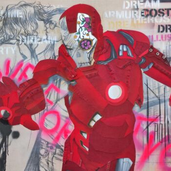 Arte tessile intitolato "Iron man" da Jeansart, Opera d'arte originale, Collages Montato su Telaio per barella in legno