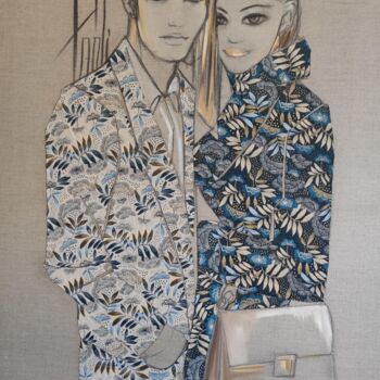 Textilkunst mit dem Titel "The Koople" von Jeansart, Original-Kunstwerk, Stoff Auf Keilrahmen aus Holz montiert