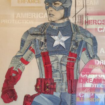 「Captain America」というタイトルのテキスタイルアート Jeansartによって, オリジナルのアートワーク, ファブリック ウッドストレッチャーフレームにマウント