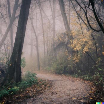 Digitale Kunst getiteld "Foggy Fall Morning" door Jeff Kearney, Origineel Kunstwerk, AI gegenereerde afbeelding