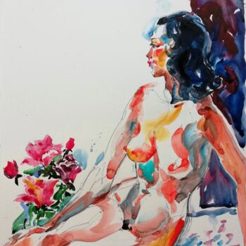 Painting titled "Nude with Roses" by Jelena Djokic, Original Artwork, Watercolor