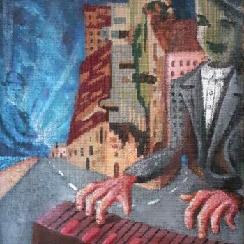Painting titled "Chaplin contre Chap…" by Jems Cehes, Original Artwork, Acrylic Mounted on Wood Panel