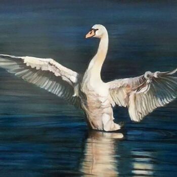 Schilderij getiteld "Swan" door Jennie Smallenbroek, Origineel Kunstwerk, Olie Gemonteerd op Houten paneel