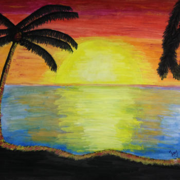 Painting titled "Sunset on island" by Jennifer Stefan, Original Artwork, Tempera