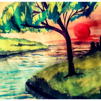 Painting titled "beautiful sunset" by Guddu, Original Artwork