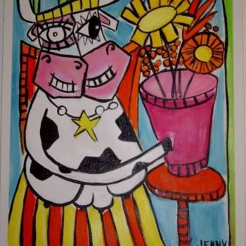 Vache cubiste et fleur