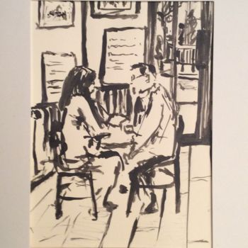 Drawing titled "Au café" by Jenny Darrot, Original Artwork, Ink