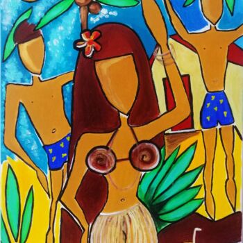 Painting titled "Tiki plage" by Jenyfair, Original Artwork, Acrylic Mounted on Wood Stretcher frame