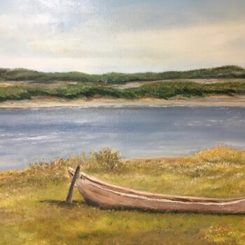 Painting titled "Canoe on grass" by Joan Reilly, Original Artwork, Oil Mounted on Wood Stretcher frame