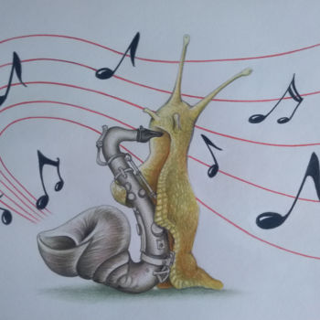 「Escargot saxophone」というタイトルの描画 Jérémy Piquetによって, オリジナルのアートワーク, 鉛筆 段ボールにマウント