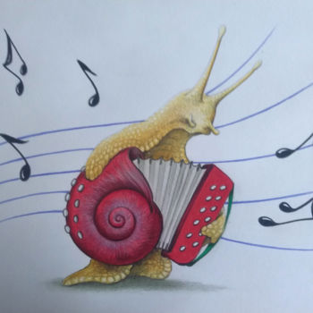 Drawing titled "Escargot accordéon" by Jérémy Piquet, Original Artwork, Pencil Mounted on Cardboard