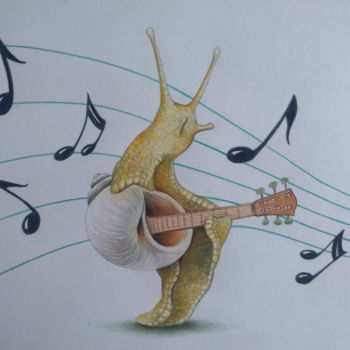 Dessin intitulée "Escargot guitare" par Jérémy Piquet, Œuvre d'art originale, Crayon Monté sur Carton