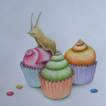 Drawing titled "Escargot Muffins" by Jérémy Piquet, Original Artwork, Pencil Mounted on Cardboard