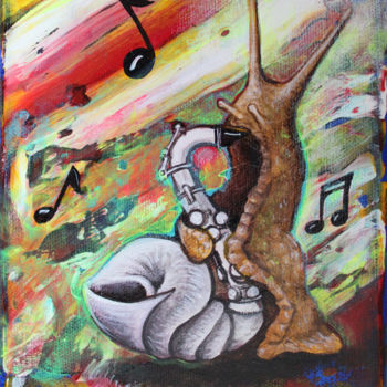 Painting titled "Escargot Saxo Fond…" by Jérémy Piquet, Original Artwork, Acrylic Mounted on Wood Stretcher frame