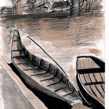 Drawing titled "barques-hortillon-e…" by Jérôme Dufay, Original Artwork, Ink