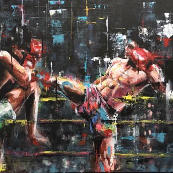 Painting titled "Boxe thai" by Jérôme Royer, Original Artwork, Acrylic Mounted on Wood Stretcher frame
