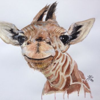 Painting titled "Smiling baby giraffe" by Jérôme Royer, Original Artwork, Watercolor