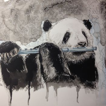 Painting titled "flute panda.jpg" by Jérôme Royer, Original Artwork, Watercolor